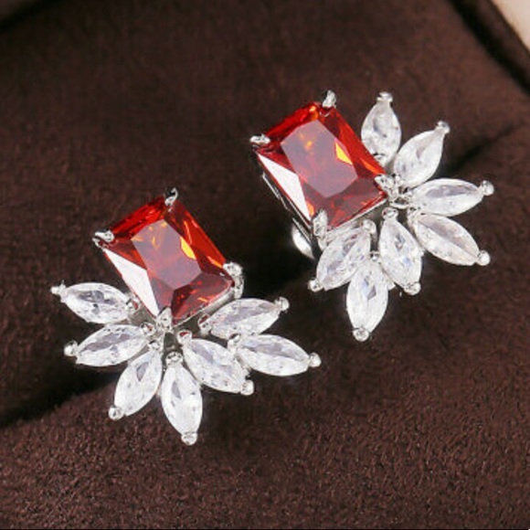New Sterling silver diamond red stone earrings - Picture 3 of 4